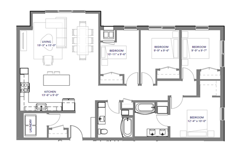 Floor plan for 4 beds, 2 baths, 1374 sqft